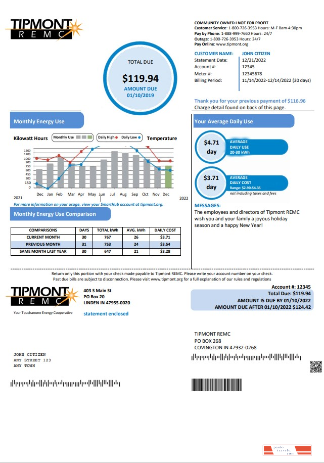 USA Indiana Tipmont utility bill template in Word and PDF format
